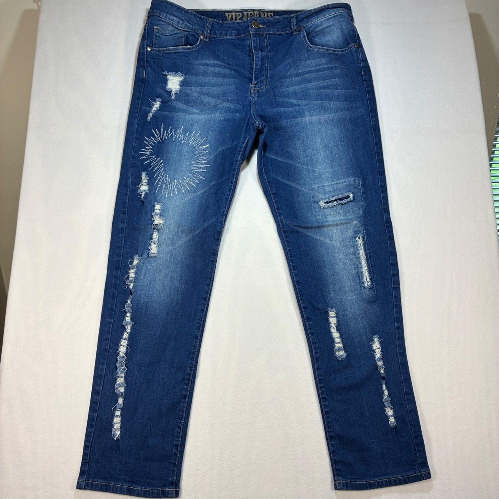 VIP Jeans Womens Distressed Straight Leg 17/18 Blue Cotton Stretch Y2K Grunge